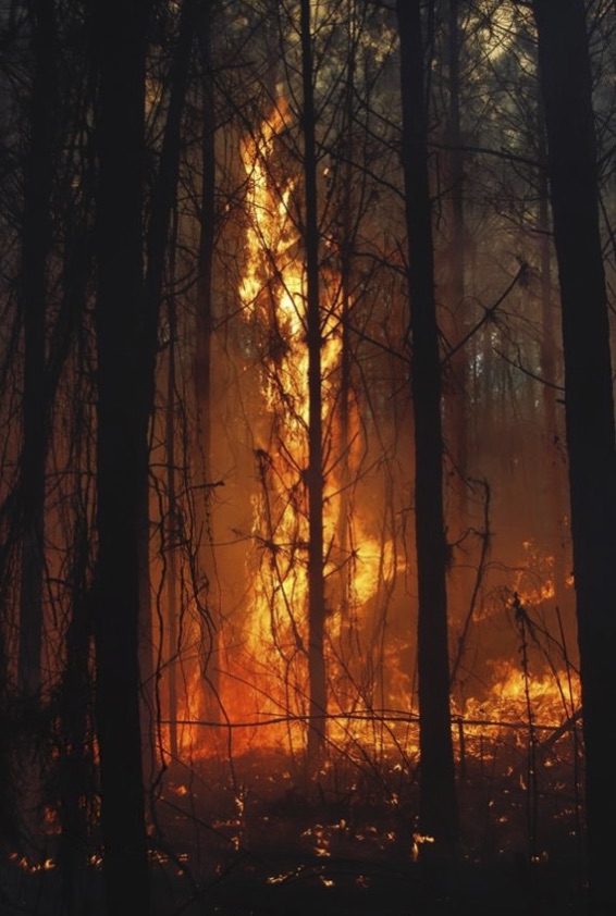 Image of wildfire reaching high into trees in a forest