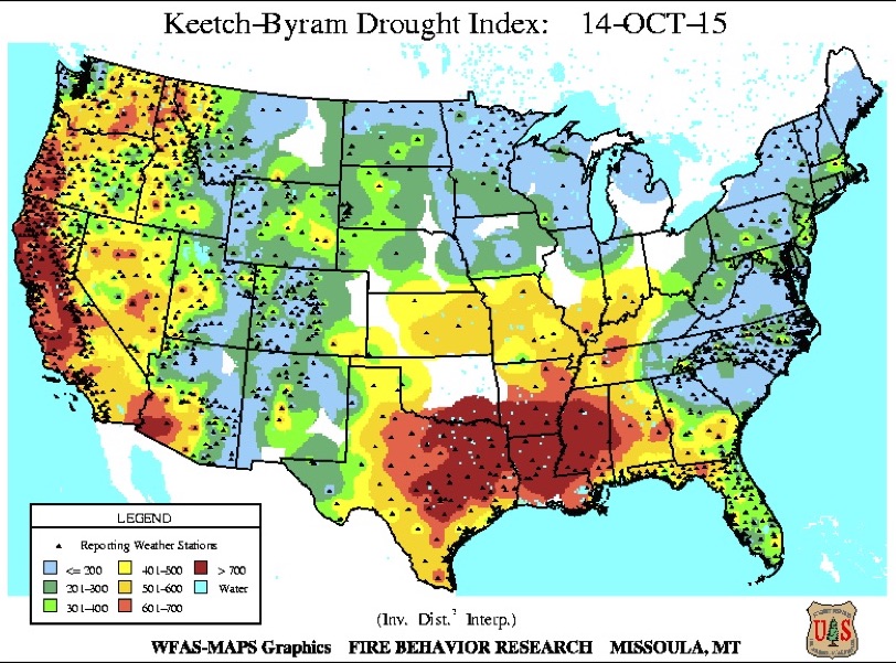 Map of the Keetch-Byram Drought Index, dated October 14, 2015
