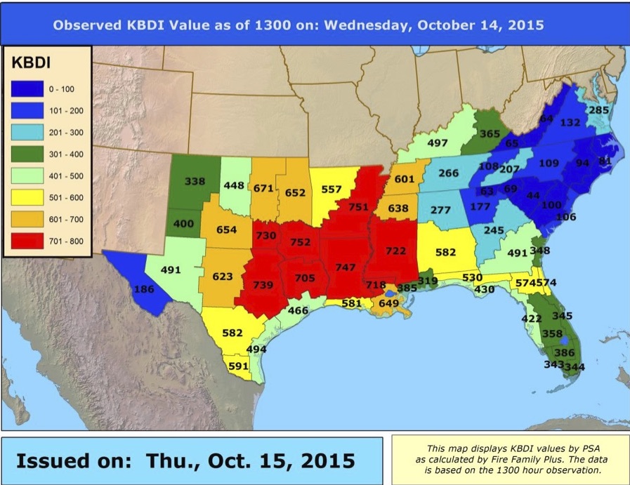 Map showing the KBDI levels for the southeastern United States, by state, for October 14, 2015