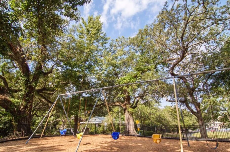 A swing set in a park surrounded by trees