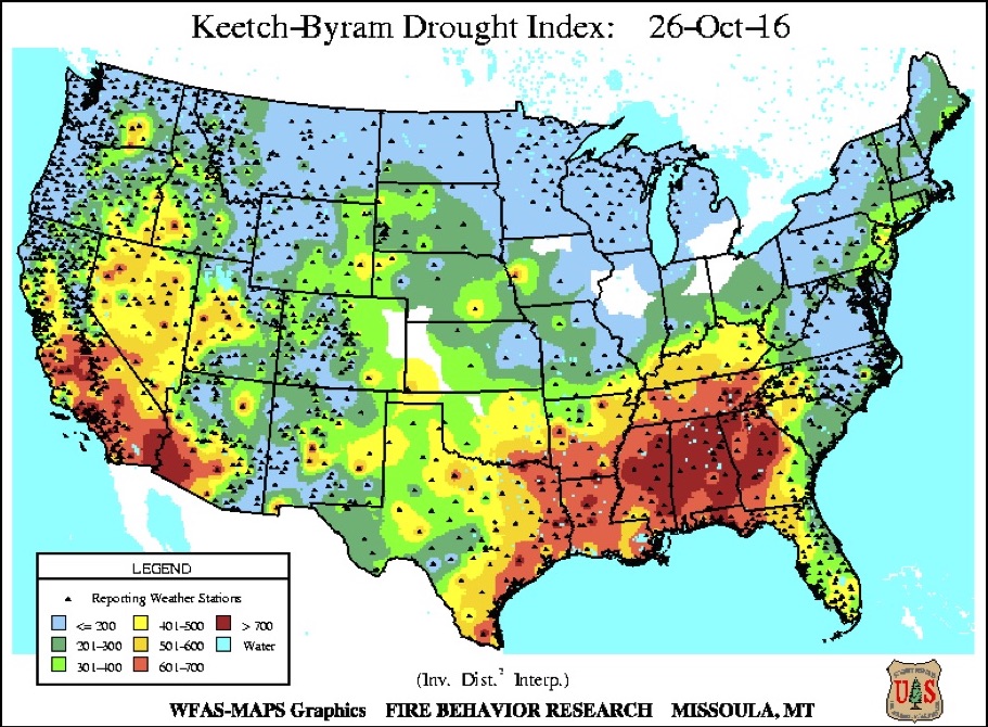 Map of the Keetch-Byram Drought Index, dated October 26, 2016