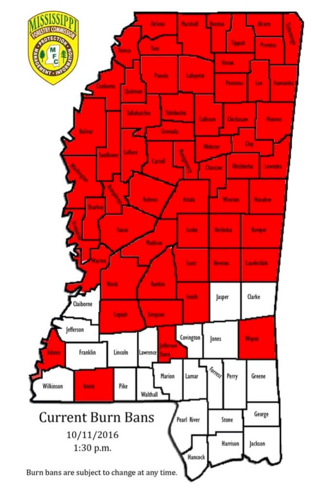 Map of Mississippi by county, with 52 of 82 counties in red