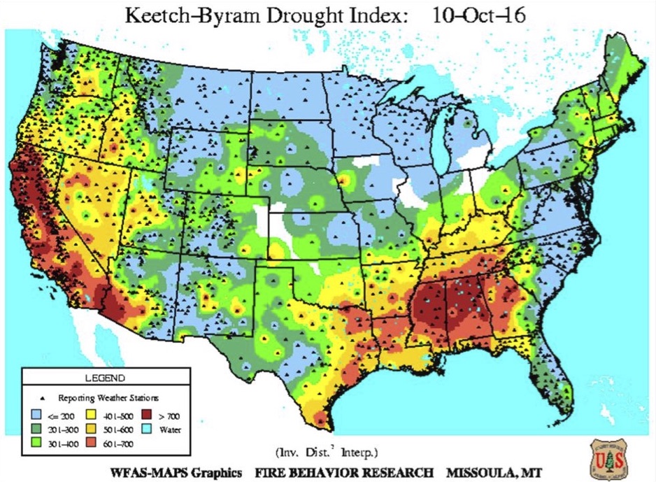 Map of the Keetch-Byram Drought Index, dated 10 October 2016