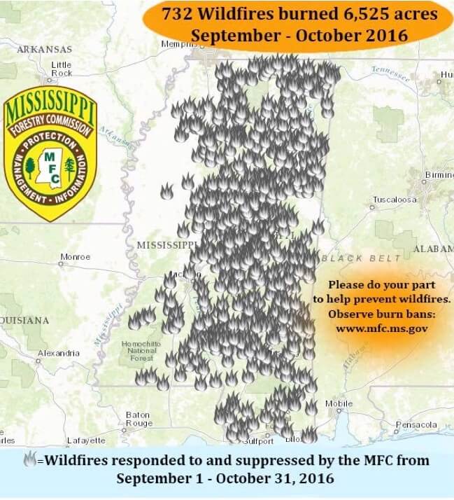 Infographic showing the state of Mississippi, with 732 fire icons indicating 732 wildfires