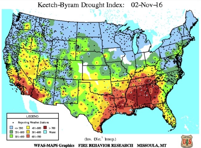 Map of the Keetch-Byram Drought Index dated November 2, 2016