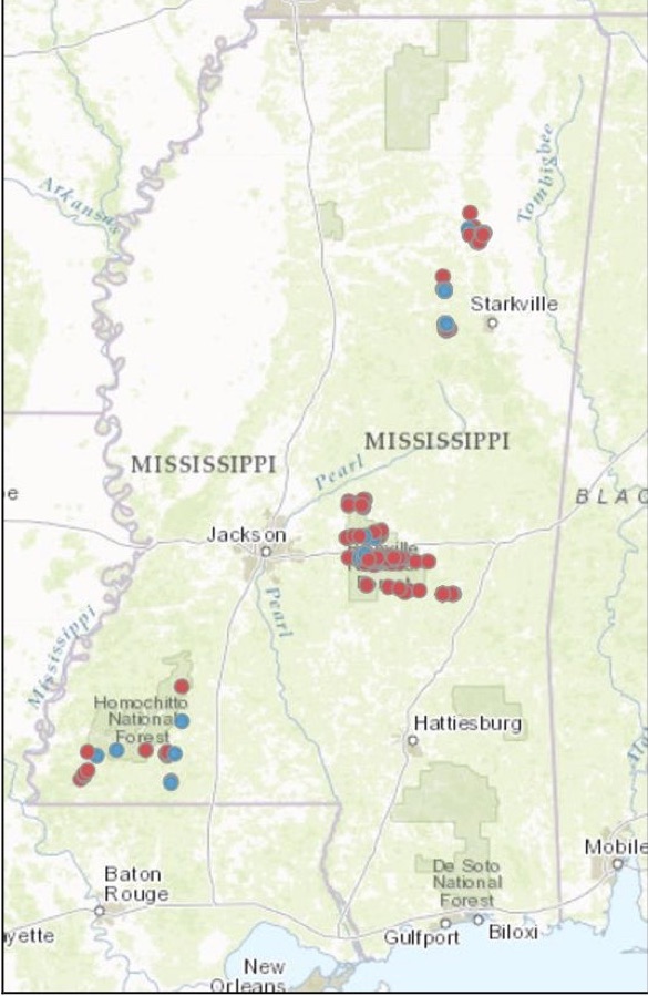 Map of Mississippi with several red and blue circles