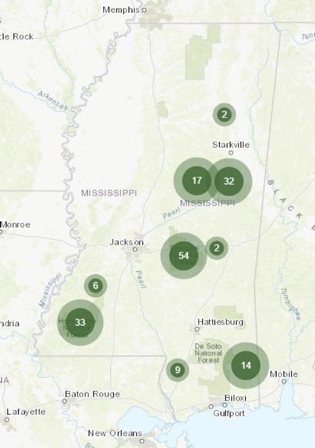 Map of Mississippi, with green circles around several areas