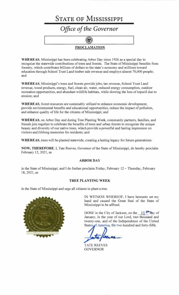Gov. Reeves proclaims February 12 as Mississippi Arbor Day