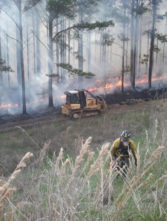 A man in firefighter's clothing walking up a hill. In the background, a bulldozer is sitting on a road separating trees in a wildfire from unburned shrubs.