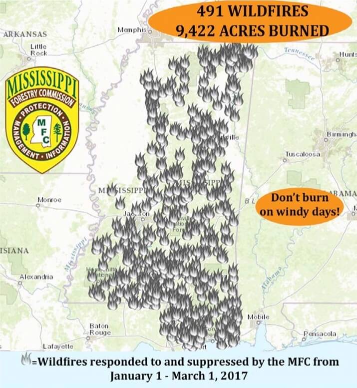 Map of Mississippi, overlaid with fire icons in places that have experienced wildfires