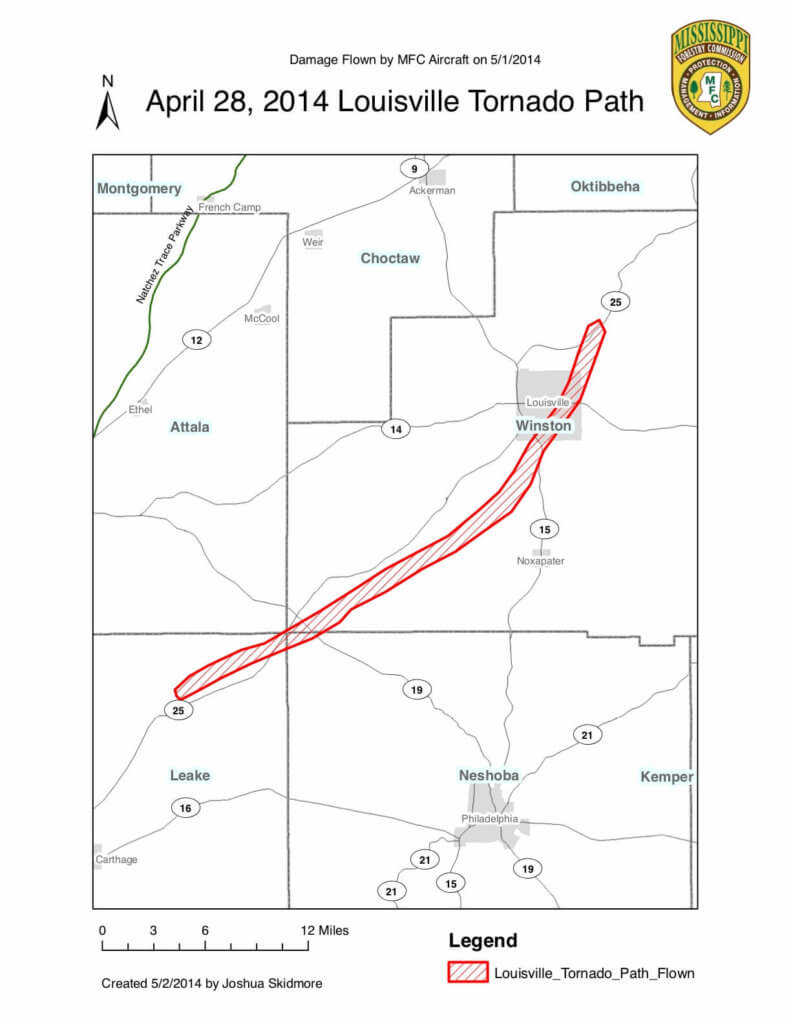 Map of Louisville and surrounding area, with a red shape showing the path of a tornado on April 28, 2014